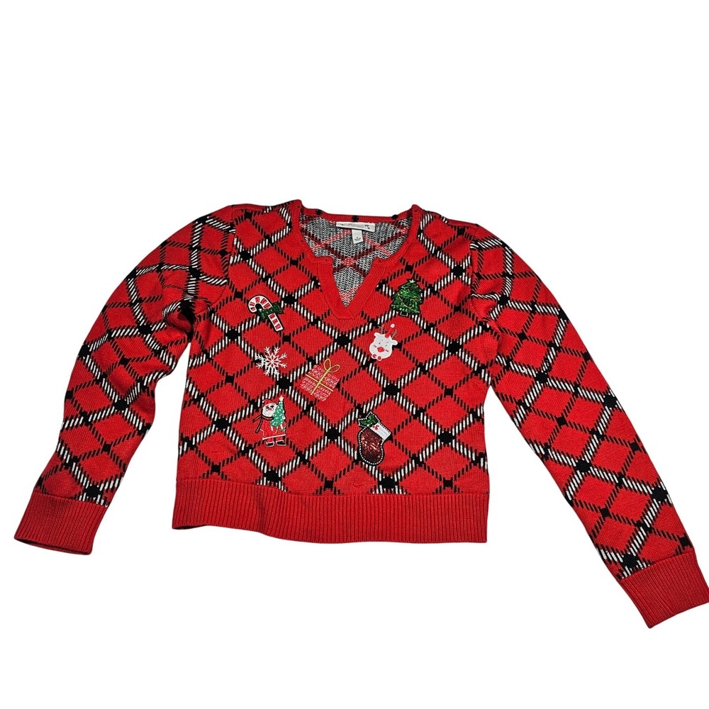 Planet Gold Juniors XL Red‎ & Black Knit Ugly Christmas Sweater V-NeckCardigan